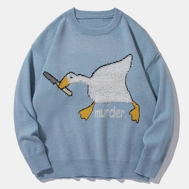 Cartoon Goose Print Loose Sweater  |   Sweater Clothing Black