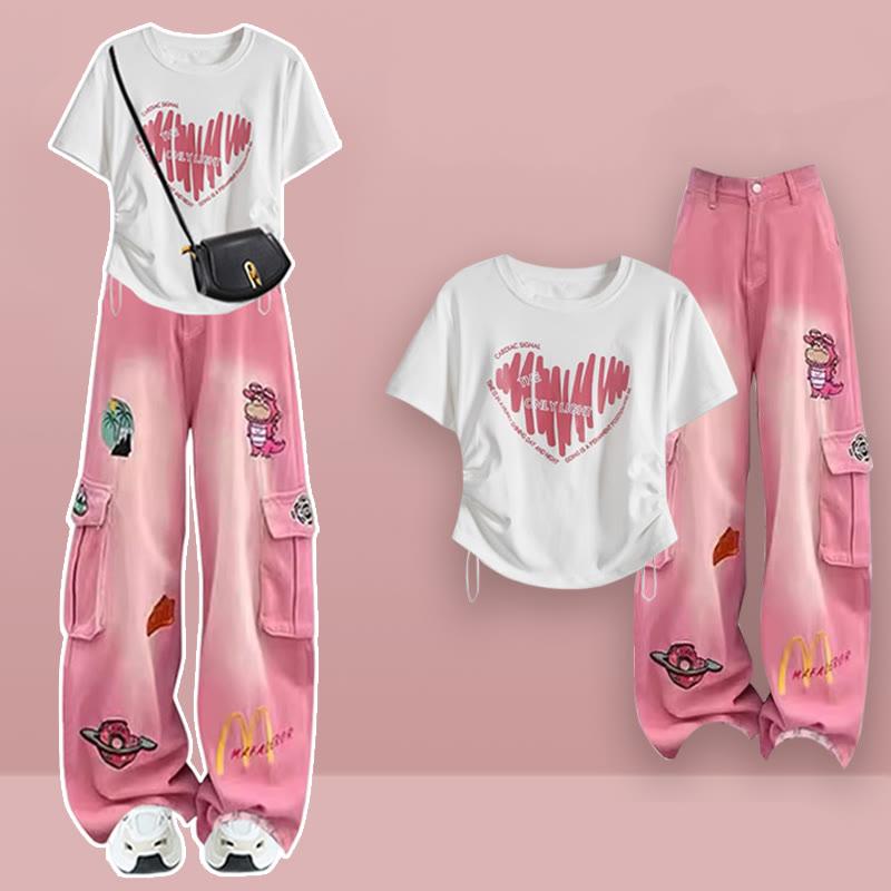 Cartoon Heart Casual T-Shirt Cargo Pants  |   Pants Clothing Pants