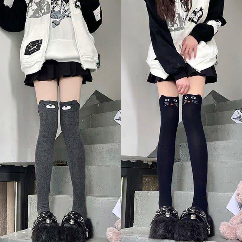 Cartoon Kitty Bear Print Stockings Over The Knee  |   Socks Accessories Black