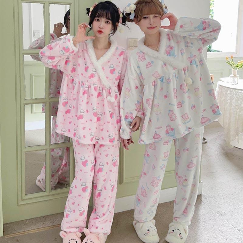 Cartoon Kitty Bear Print V-Neck Plush Pajamas Set  |   Pajamas Clothing Pajamas