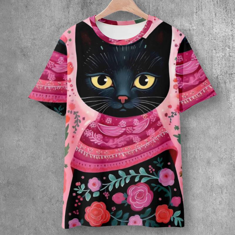 Cartoon Kitty Blossom Print Casual Short Sleeve T-Shirt  |   T-Shirts Clothing Pink