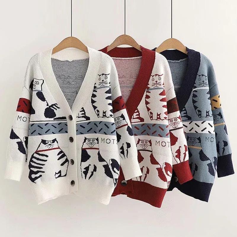 Cartoon Kitty Colorblock Cardigan Sweater  |   Sweater Clothing Purplish Blue