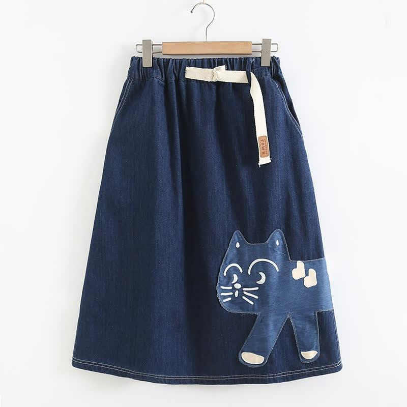 Cartoon Kitty Elastic Waist Denim Skirt  |   Skirts Clothing Blue