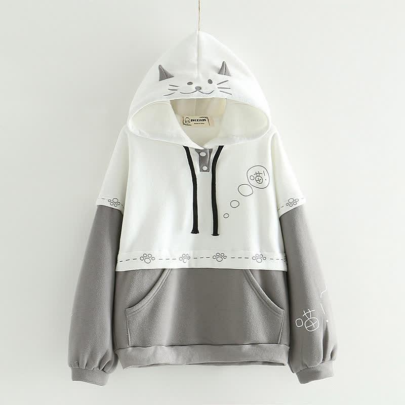 Cartoon Kitty Embroidery Colorblock Plush Hoodie  |   Sweatshirts & Hoodies Clothing Gray