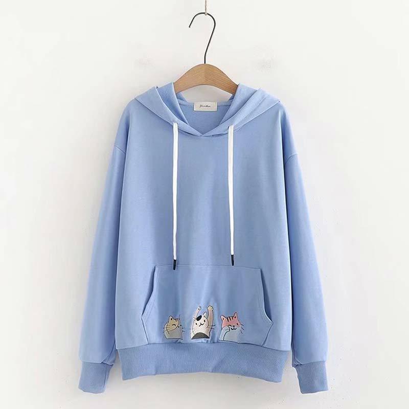 Cartoon Kitty Embroidery Pocket Loose Hoodie  |   Sweatshirts & Hoodies Clothing Blue