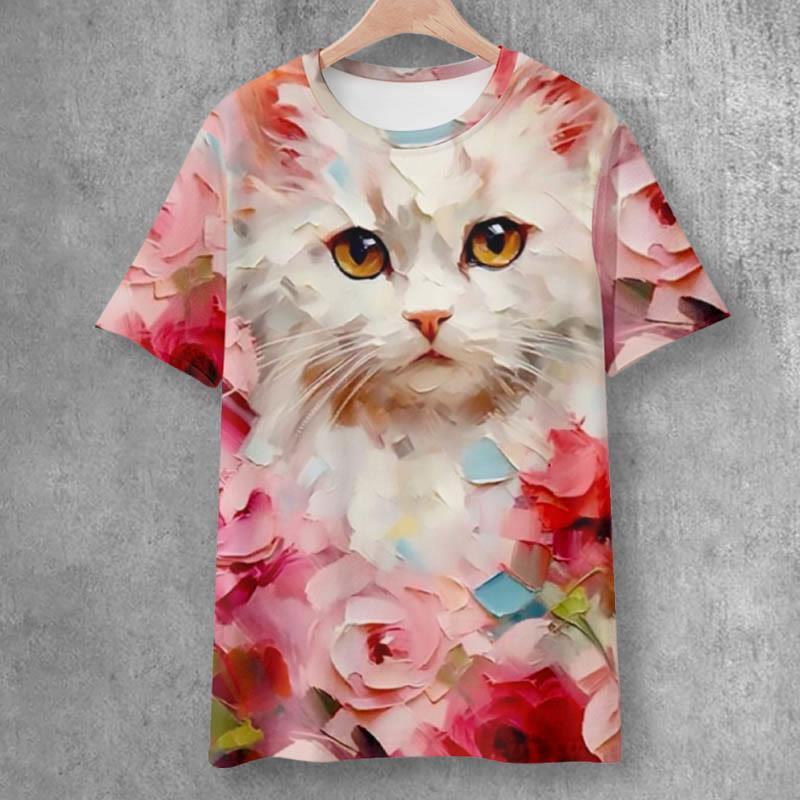 Cartoon Kitty Flower Print Casual Short Sleeve T-Shirt  |   T-Shirts Clothing Pink