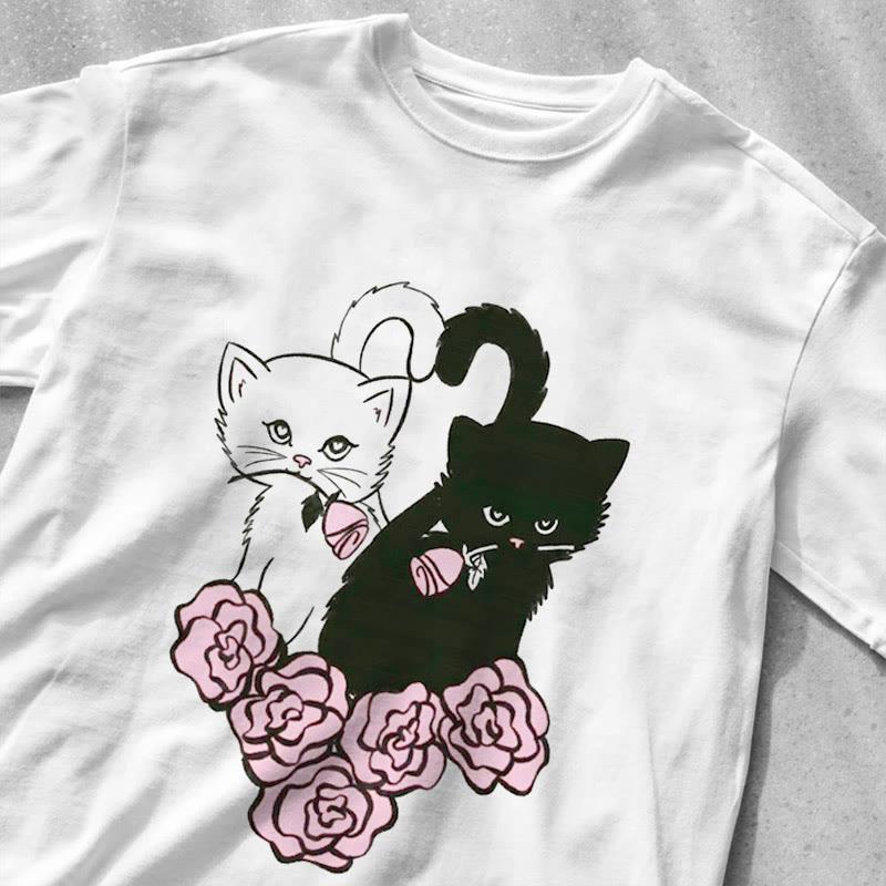 Cartoon Kitty Flower Print Loose Short Sleeve T-Shirt  |   T-Shirts Clothing T-Shirts