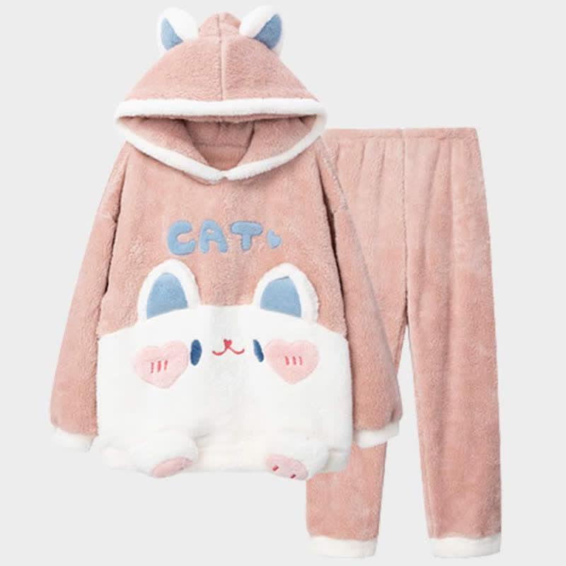 Cartoon Kitty Letter Embroidery Plush Hooded Pajamas Two Pieces Set  |   Pajamas Clothing Pajamas