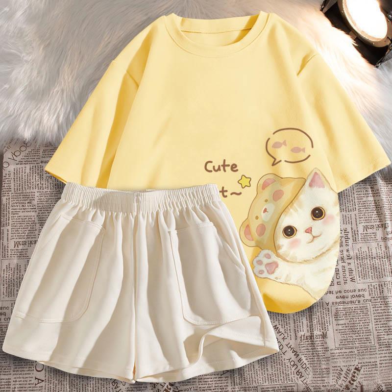 Cartoon Kitty Letter Print Casual Loose T-Shirt Shorts Set  |   T-Shirts Clothing Set A