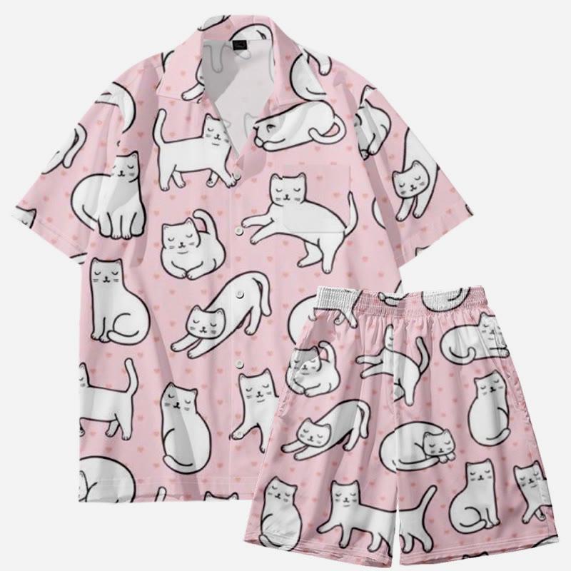 Cartoon Kitty Print Casual T-Shirt Shorts Set  |   T-Shirts Clothing Set