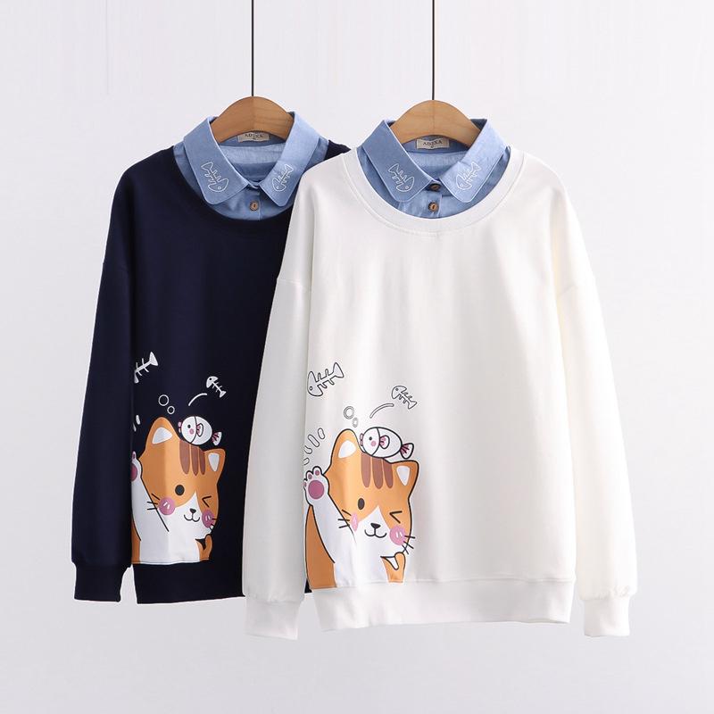 Cartoon Kitty Print Fake Two Pieces Sweatshirt  |   Sweatshirts & Hoodies Clothing Purplish Blue