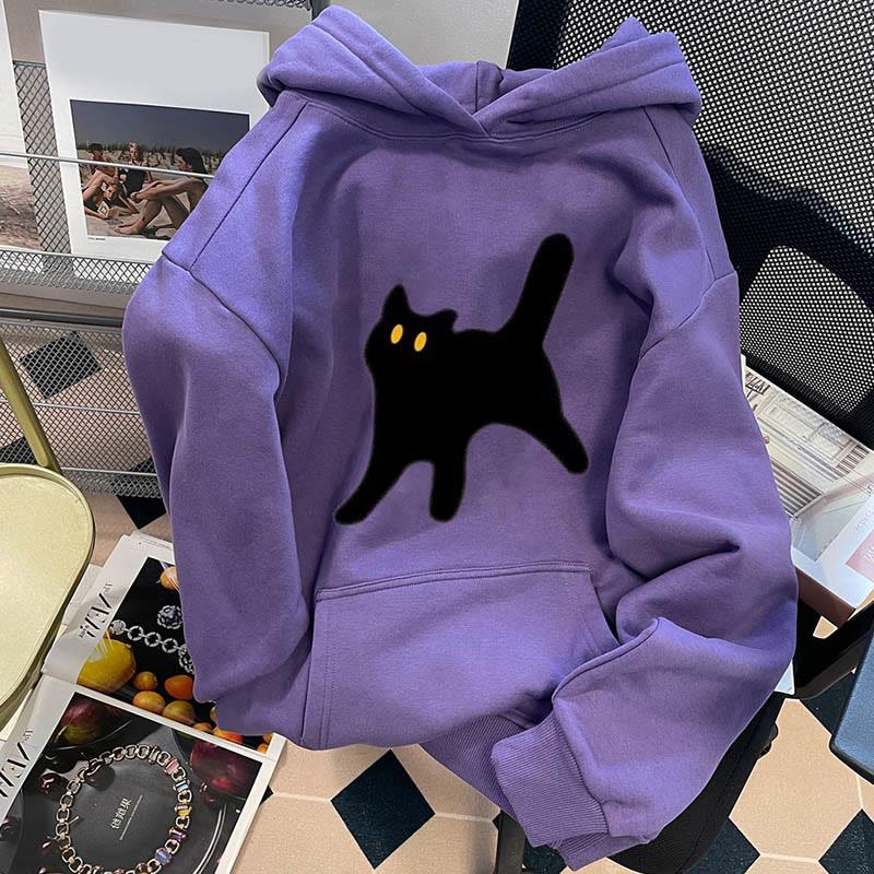 Cartoon Kitty Print Loose Hoodie  |   Sweatshirts & Hoodies Clothing Purple