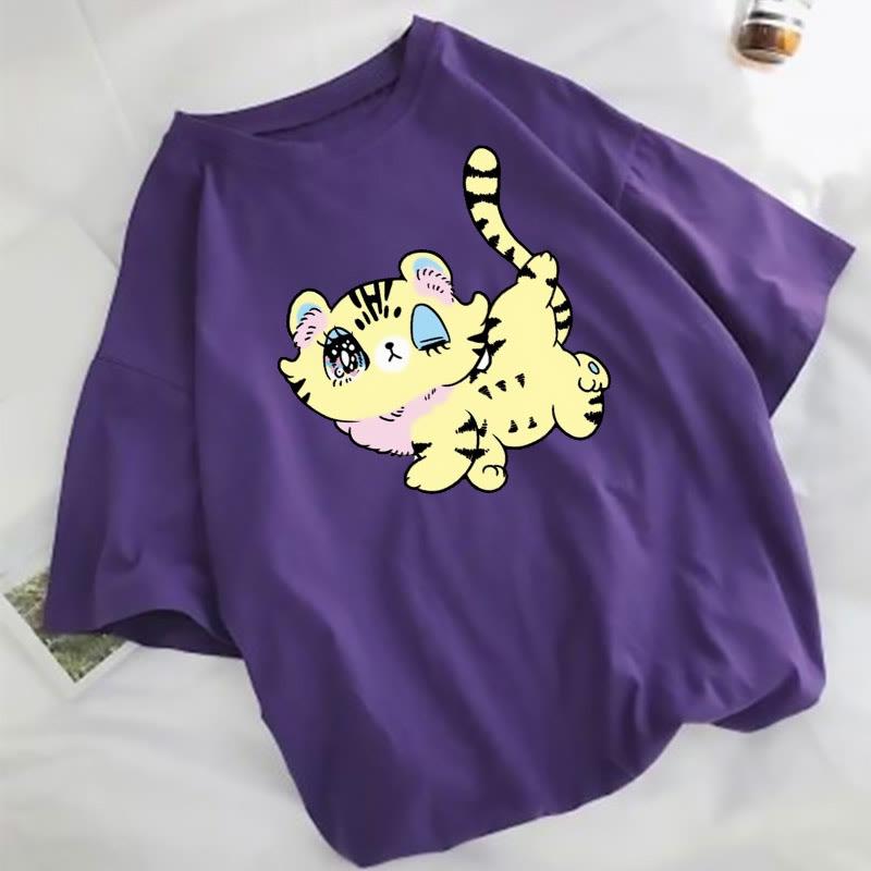 Cartoon Kitty Print Loose Short Sleeve T-Shirt  |   T-Shirts Clothing Purple