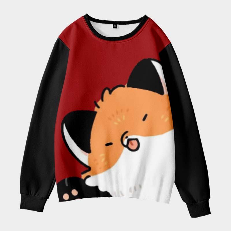 Cartoon Kitty Print Round Collar Colorblock Sweatshirt  |   Sweatshirts & Hoodies Clothing Red