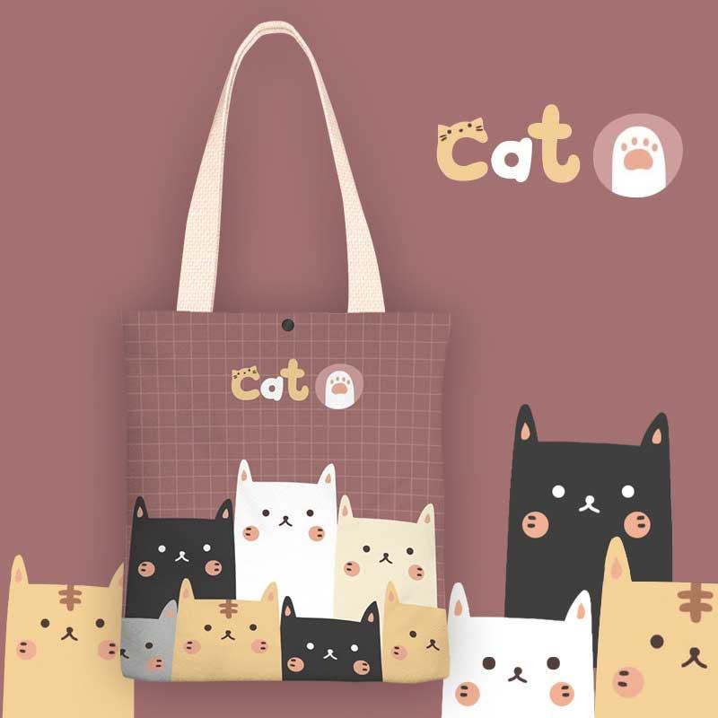 Cartoon Kitty Print Tote Canvas Bag  |   Tote Bag Bags A