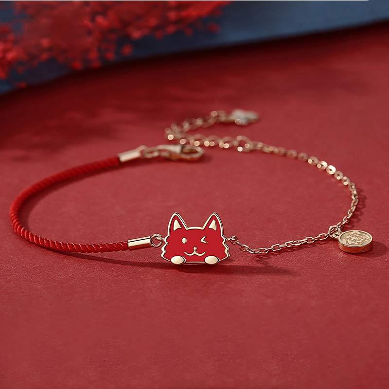 Cartoon Kitty Red Rope 925 Sterling Silver Bracelet  |   Jewelry Accessories Gold