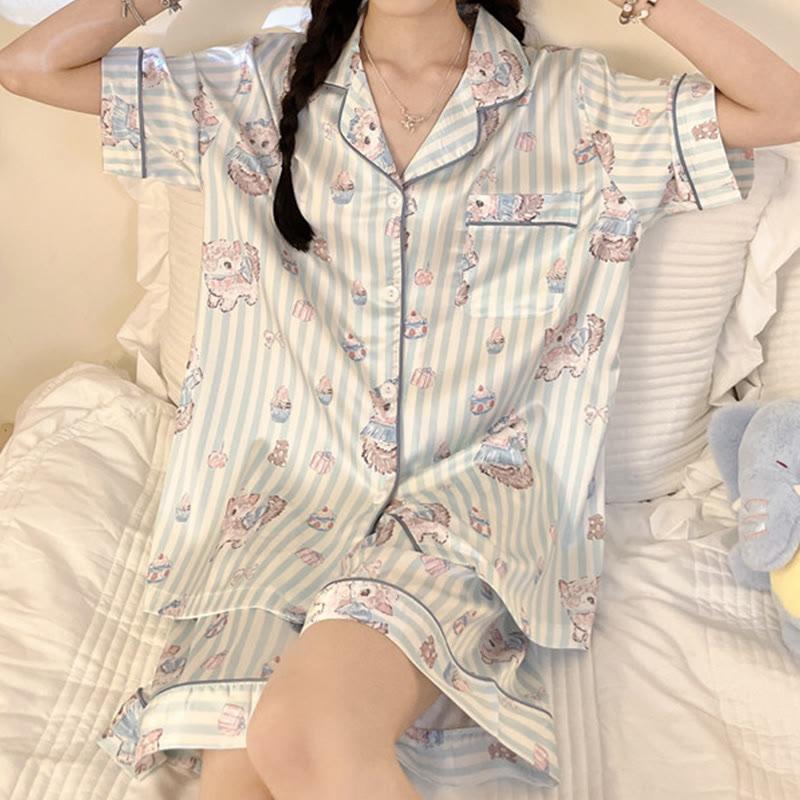 Cartoon Kitty Stripe Print Summer Pajamas Two Piece Set  |   Pajamas Clothing Blue