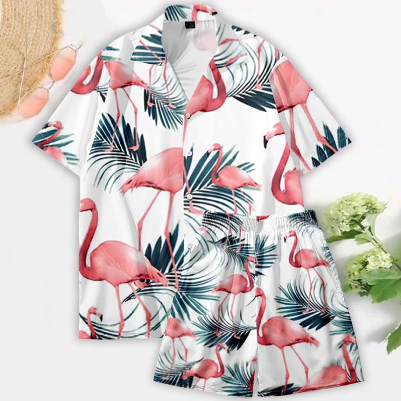 Cartoon Leaf Flamingo T-Shirt Shorts  |   T-Shirts Clothing Set