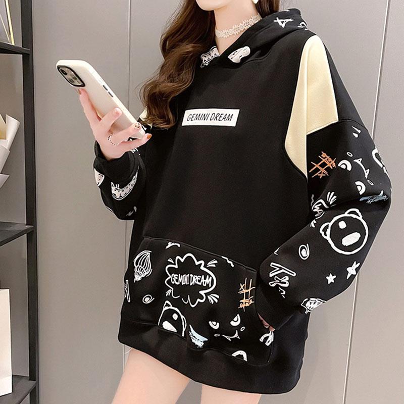 Cartoon Letter Print Colorblock Plush Hoodie  |   Sweatshirts & Hoodies Clothing Black