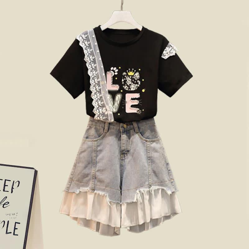 Cartoon Letter Print Lace Casual T-Shirt Denim Shorts Set  |   T-Shirts Clothing Shorts