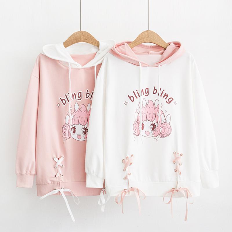 Cartoon Letter Print Rabbit Ears Drawstring Hoodie  |   Sweatshirts & Hoodies Clothing Pink