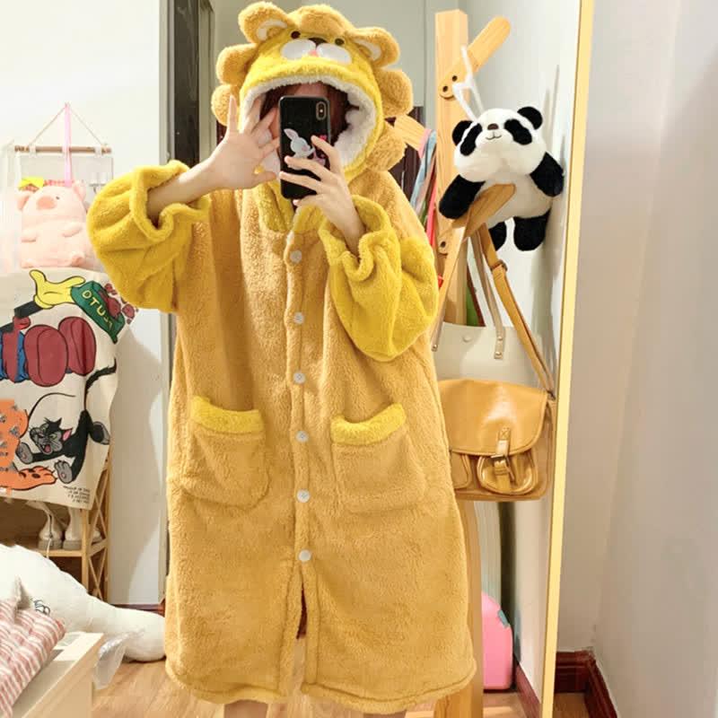 Cartoon Lion Plush Hooded Pajamas Dress  |   Pajamas Clothing Pajamas