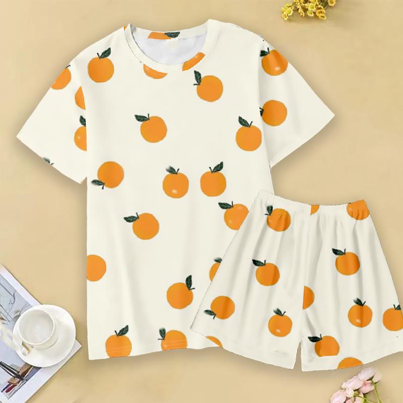 Cartoon Orange Print Casual T-Shirt Shorts  |   T-Shirts Clothing Set