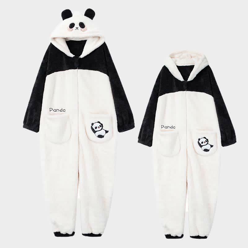 Cartoon Panda Embroidery Colorblock Zipper Plush Hooded Jumpsuit Pajamas  |   Pajamas Clothing Black&Grey