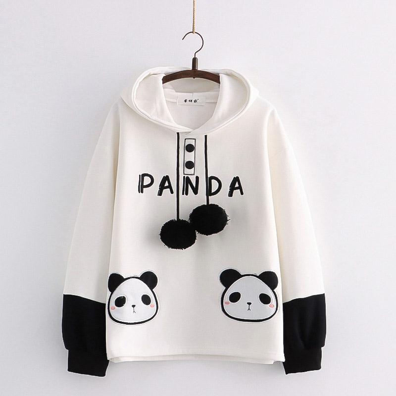 Cartoon Panda Letter Print Colorblock Plush Hoodie  |   Sweatshirts & Hoodies Clothing Black