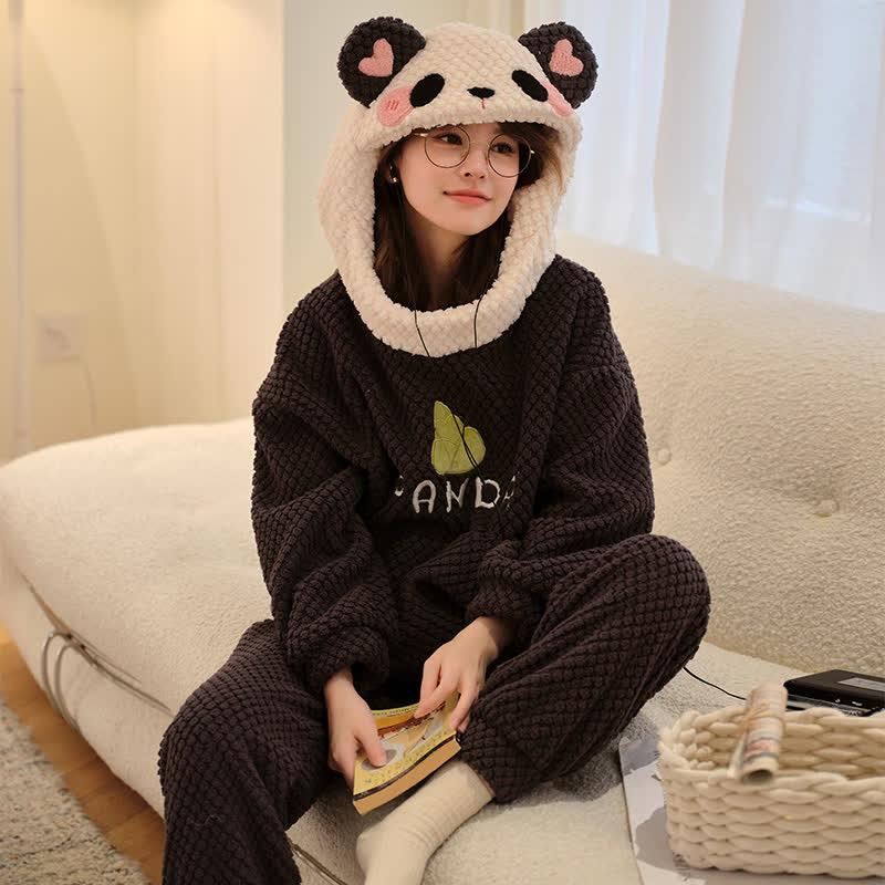 Cartoon Panda Plush Loose Hooded Pajamas Set  |   Pajamas Clothing Black