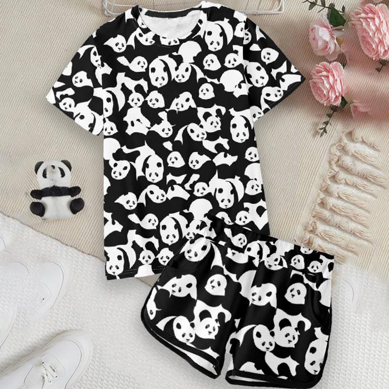 Cartoon Panda Print Casual Loose T-Shirt Shorts  |   T-Shirts Clothing Set