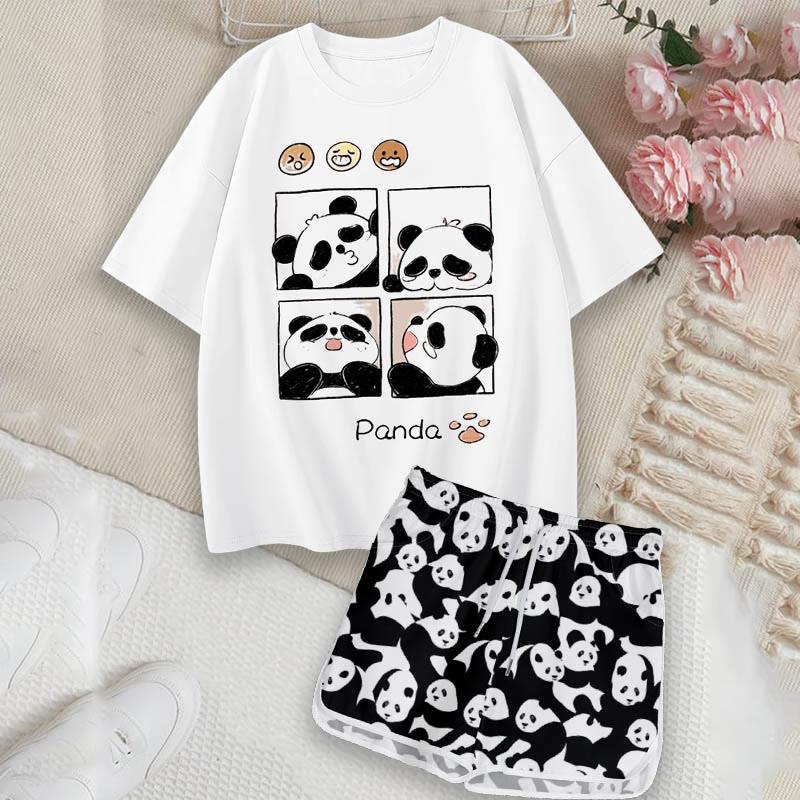 Cartoon Panda Print Casual T-Shirt Shorts  |   Shorts Clothing Set