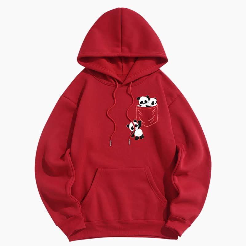 Cartoon Panda Print Pocketed Plush Hoodie  |   Sweatshirts & Hoodies Clothing Red