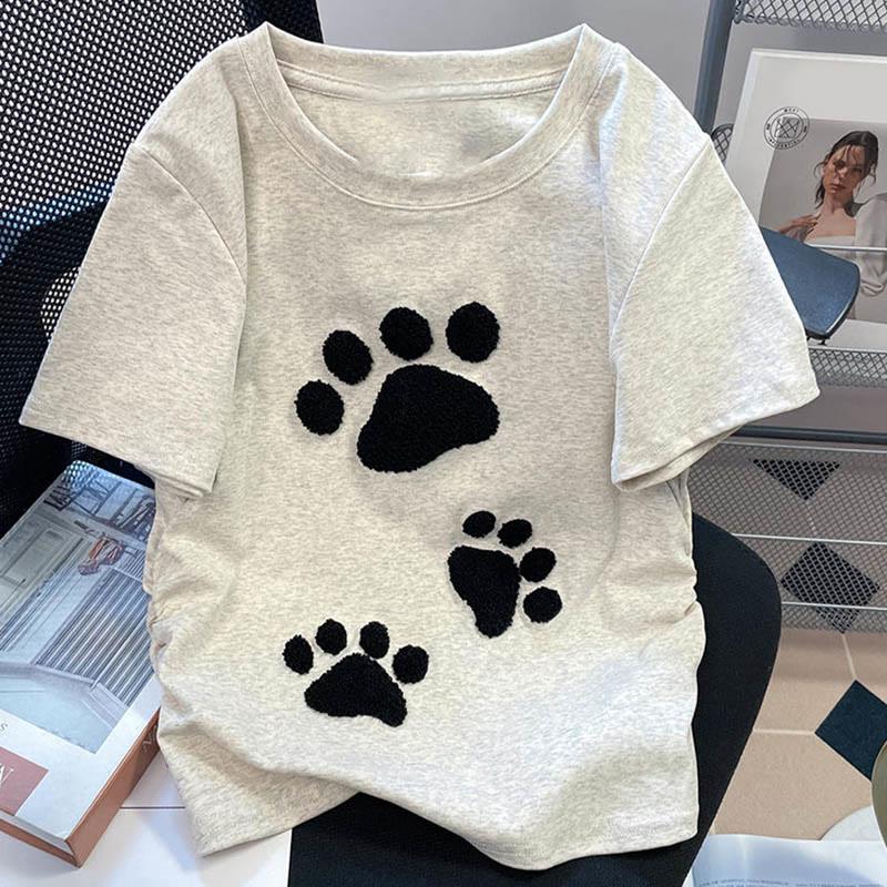 Cartoon Paw Print Casual Loose T-Shirt  |   T-Shirts Clothing Grey