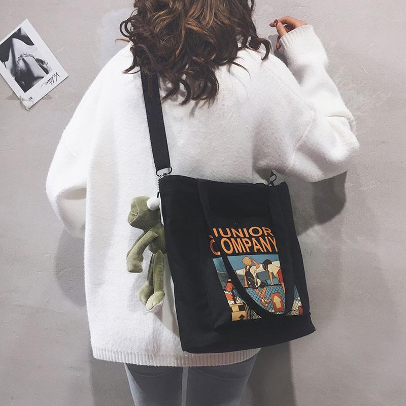 Cartoon Print Canvas Bag With Cute Froggy Pendant Junior Company Letter  |   Crossbody Bag Bags Crossbody Bag