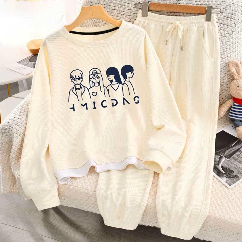 Cartoon Print Casual Long Sleeve Sweatshirt Pants Set  |   Pants Clothing Beige