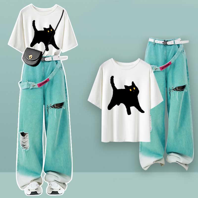 Cartoon Print Casual T-Shirt Ripped Pants  |   Pants Clothing Green Pants