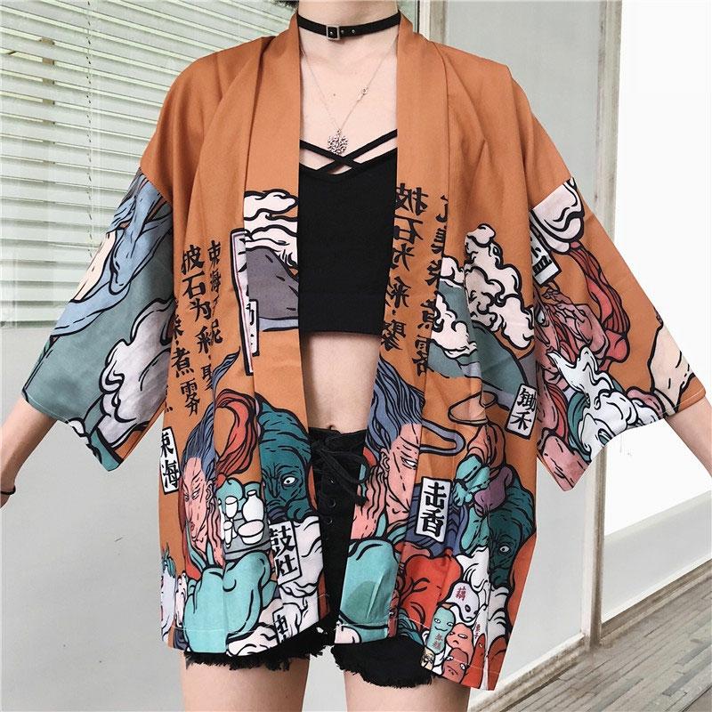 Cartoon Print Casual Vintage Kimono Outerwear  |   Outerwear Clothing Black