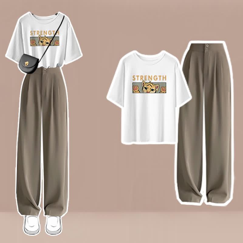 Cartoon Print Round Collar T-Shirt High Waist Wide Leg Pants  |   T-Shirts Clothing Khaki Pants