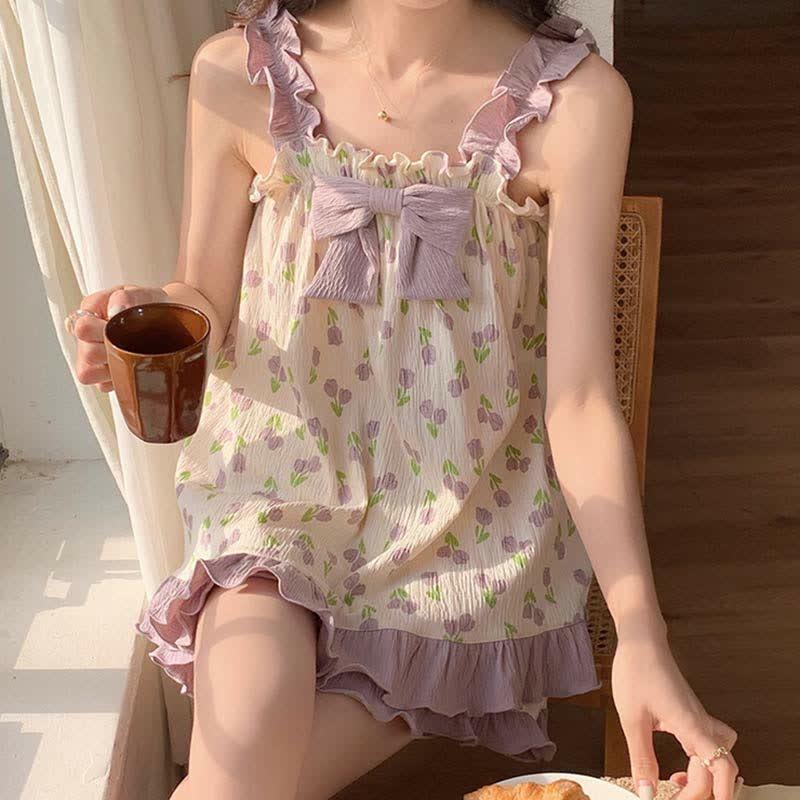 Cartoon Print Summer Cami Shorts Pajamas Set  |   Pajamas Clothing Color A