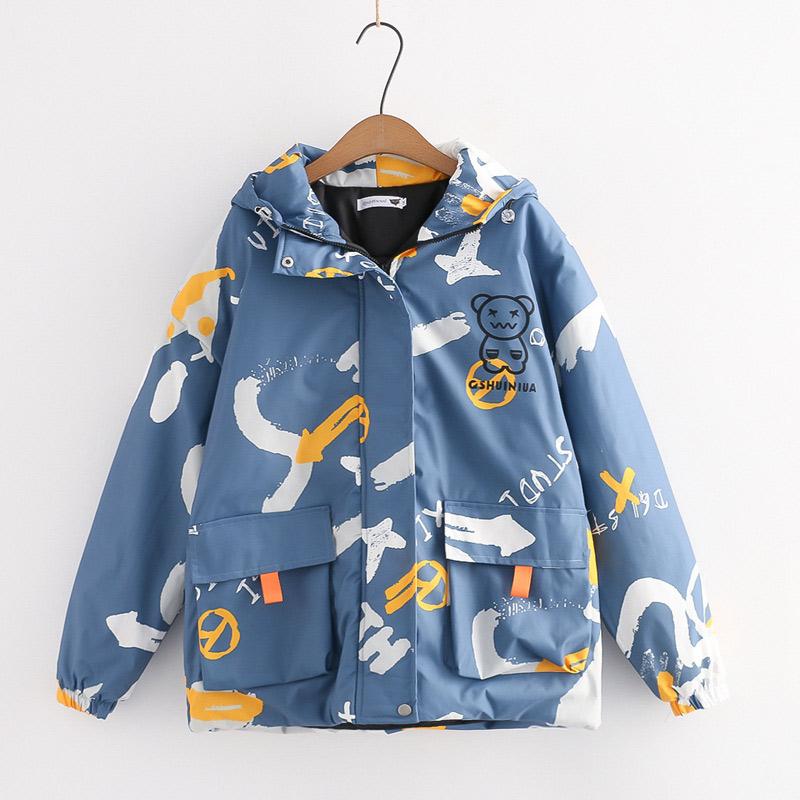 Cartoon Print Zipper Hooded Coat  |   Outerwear Clothing Black