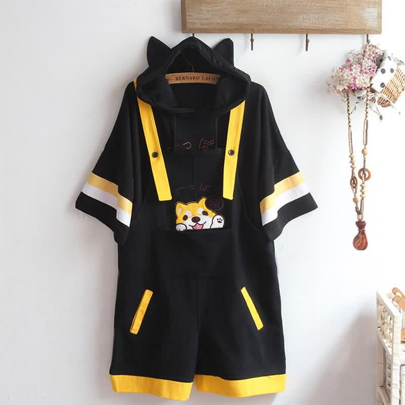 Cartoon Puppy Embroidery Hooded T-Shirt Overalls  |   T-Shirts Clothing Black Overalls