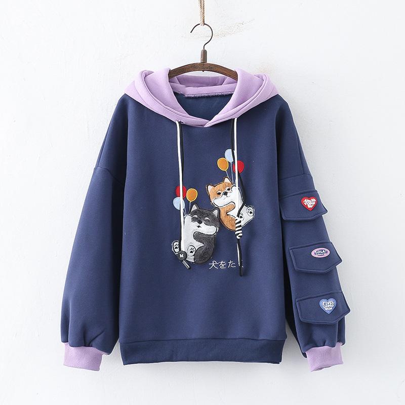 Cartoon Puppy Embroidery Plush Hoodie  |   Sweatshirts & Hoodies Clothing Blue