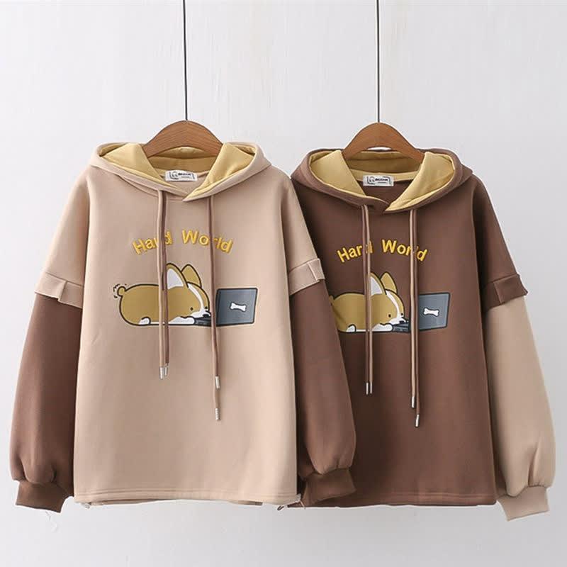 Cartoon Puppy Letter Embroidery Colorblock Plush Hoodie  |   Sweatshirts & Hoodies Clothing Coffee