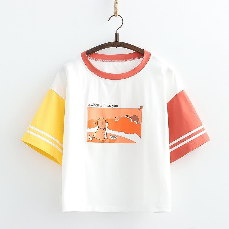 Cartoon Puppy Letter Print Colorblock Sleeve Loose T-Shirt  |   T-Shirts Clothing Beige