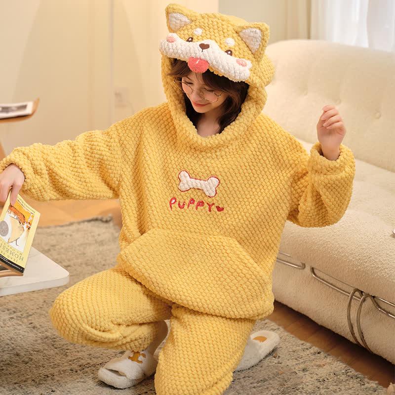 Cartoon Puppy Plush Loose Hooded Pajamas Set  |   Pajamas Clothing Pajamas