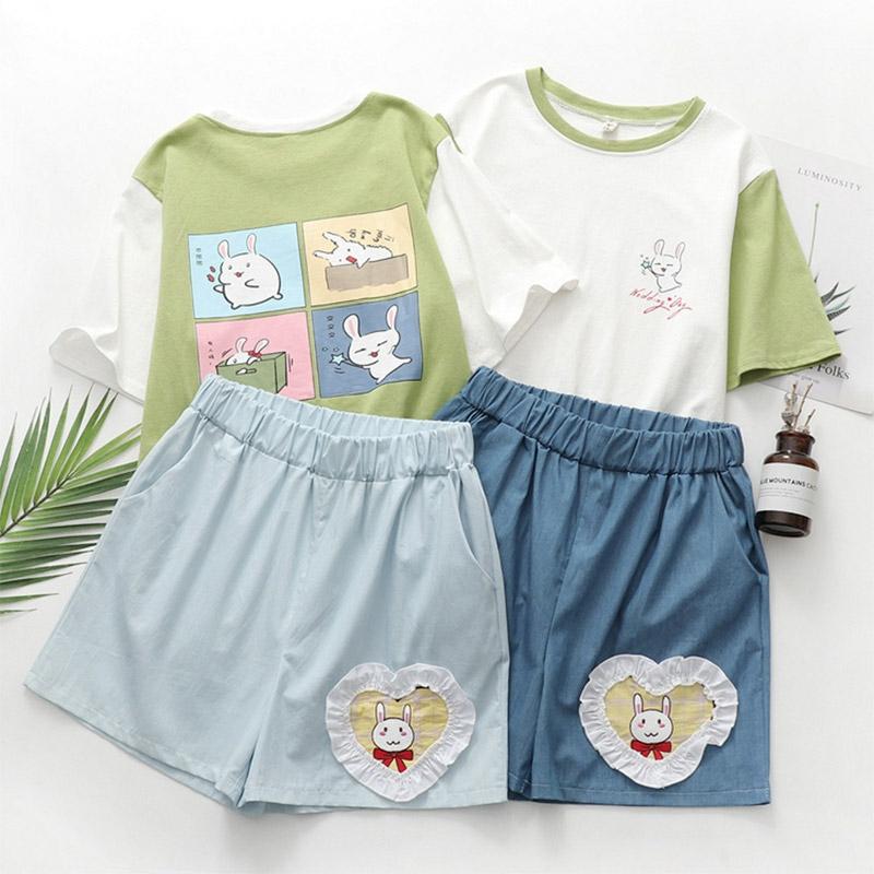 Cartoon Rabbit Colorblock T-Shirt Shorts  |   Shorts Clothing Blue Shorts