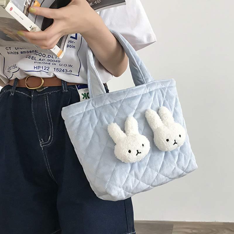 Cartoon Rabbit Corduroy Tote Bag  |   Tote Bag Bags Blue 1