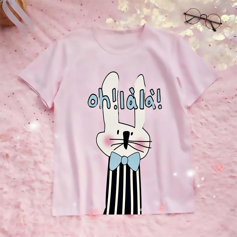 Cartoon Rabbit Letter Print Loose Short Sleeve T-Shirt  |   T-Shirts Clothing Pink