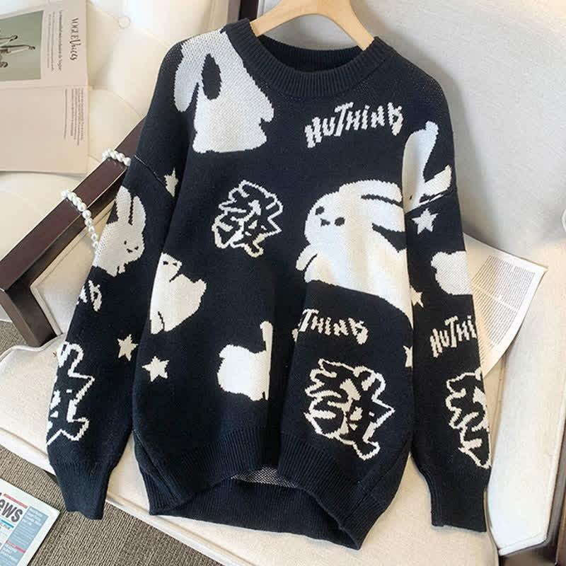 Cartoon Rabbit Letter Print Round Collar Loose Sweater  |   Sweater Clothing Black